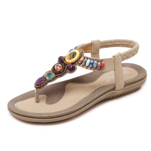 KEROBGJFS Flache Damen-Sandalen: Sommer-Böhmische, bequeme Wander-Tanga-Damen-Flach-Sandalen, Strandschuhe von KEROBGJFS