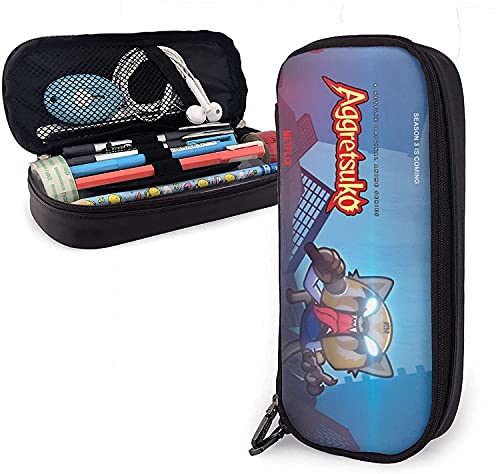 Aggretsuko-Logo-Leder-Federmäppchen, großes Fassungsvermögen, Stiftemarker-Halter, Beutelbox, große Aufbewahrung, Schreibwaren-Organizer mit Reißverschluss von KEROTA