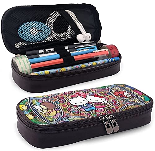 Hello Cartoon Kitty Leder Federmäppchen Reißverschluss Stiftebox Mäppchen Stifteetui Geeignet für Schule, Arbeit und Büro von KEROTA