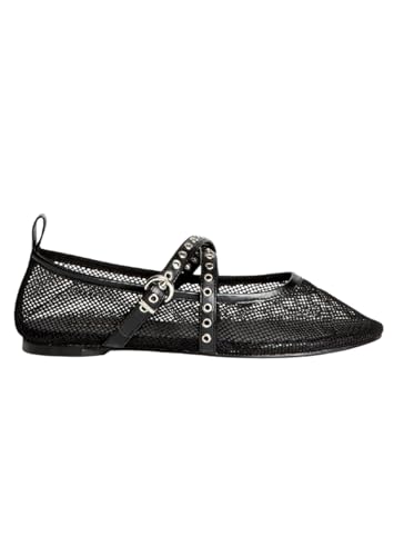 KESLEM Mesh-Ballerinas für Damen, Schwarz, Riemen mit Schnalle und Nieten, 2 cm Höhe, Schwarz , 40 EU KESLEM Mesh-Ballerinas für Damen, Schwarz, Riemen mit Schnalle und Nieten, 2 cm Höhe, Schwarz , 40 EU von KESLEM
