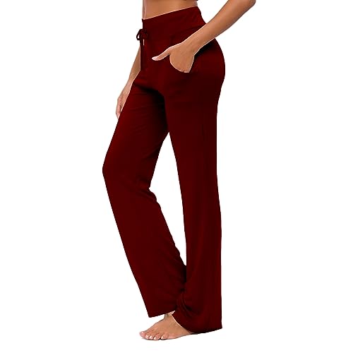 Damen Yogahose mit Taschen Modal Loose Straight Leg Yogahose mit Kordelzug für Yoga Laufen Jogger Casual, Jujube Rot, M von KESSER