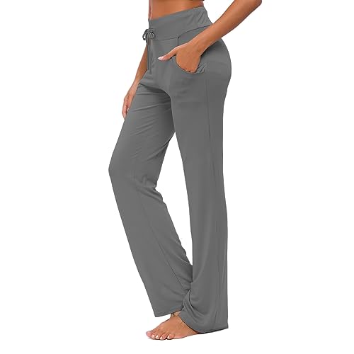 Damen Yogahose mit Taschen Modal Lose Straight Leg Yoga Hose mit Kordelzug für Yoga und Laufen Jogger Casual, dunkelgrau, Groß von KESSER