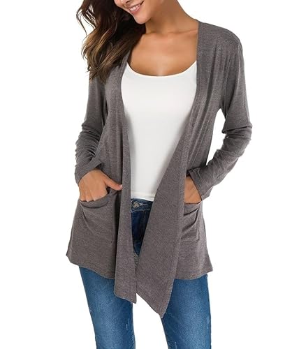 KESSER Casual Basic Lang Strickjacke Für Damen Hat Zwei Taschen Langarm Offene Vorderseite Schlanke Passform Modisch Und Vielseitig Cardigan Weich Und Dün Dunkelgrau XXL von KESSER
