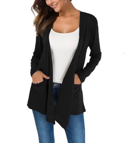 KESSER Casual Basic Lang Strickjacke Für Damen Hat Zwei Taschen Langarm Offene Vorderseite Schlanke Passform Modisch Und Vielseitig Cardigan Weich Und Dün Schwarz XXL von KESSER