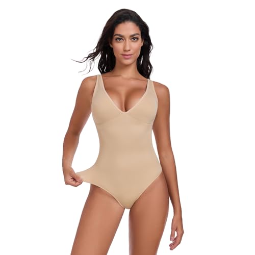 KESSER Damen Rückenfreier Bauchweg Body Shaper Miederslip Shaping Nahtlose Bodysuits Leicht Figurformende Unterwäsche V-Ausschnitt Einstellbar Halfter String Hautfarbe L (Übergrösse) von KESSER