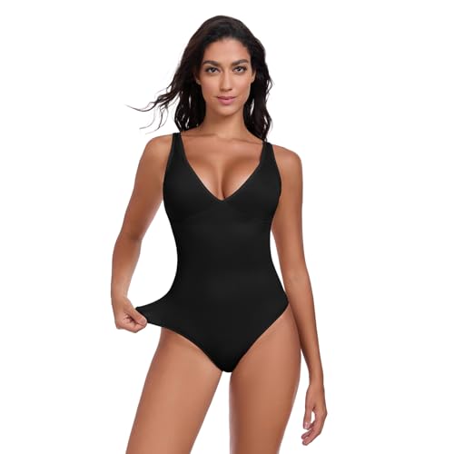 KESSER Damen Rückenfreier Bauchweg Body Shaper Miederslip Shaping Nahtlose Bodysuits Leicht Figurformende Unterwäsche V-Ausschnitt Einstellbar Halfter String Schwarz M (Übergrösse) von KESSER