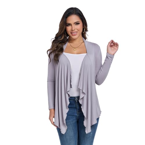 KESSER Damen Cardigan Elegant Langarm Unregelmäßiger Saum Plissee Lang Casual Strickjacke Knopflos Weich Leicht Atmungsaktiv Mode Vielseitig Hellgrau L von KESSER