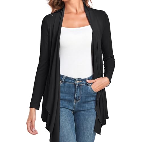 KESSER Damen Cardigan Elegant Langarm Unregelmäßiger Saum Plissee Lang Casual Strickjacke Knopflos Weich Leicht Atmungsaktiv Mode Vielseitig Schwarz L von KESSER