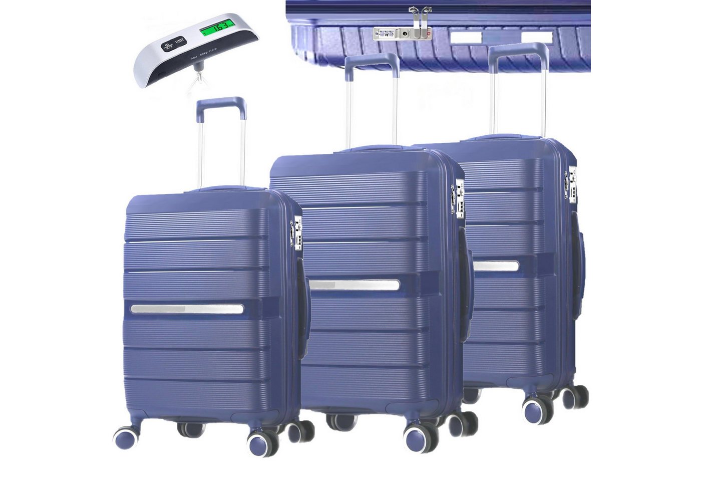 KESSMANN Kofferset 3 teilig Hartschalenkofferset M L XL Koffer + Digitale Kofferwaage, 4 Rollen, (Reisekofferset, 4 tlg., Schloss Teleskopgriff Gepäck Urlaub Zubehör Reise Hartschale Trolley), Reisetasche Kofferset groß mittel klein Handgepäck Gepäck Rollkoffer von KESSMANN