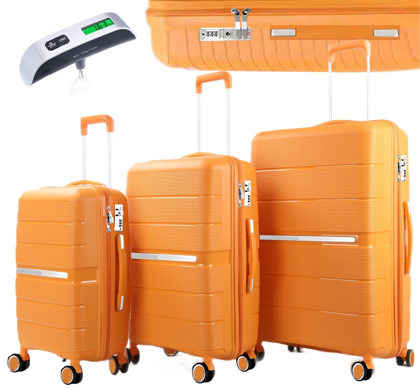 KESSMANN Kofferset 3 teilig Hartschalenkofferset M L XL Koffer + Digitale Kofferwaage, 4 Rollen, (Reisekofferset, 4 tlg., Schloss Teleskopgriff Gepäck Urlaub Zubehör Reise Hartschale Trolley), Reisetasche Kofferset groß mittel klein Handgepäck Gepäck Rollkoffer von KESSMANN