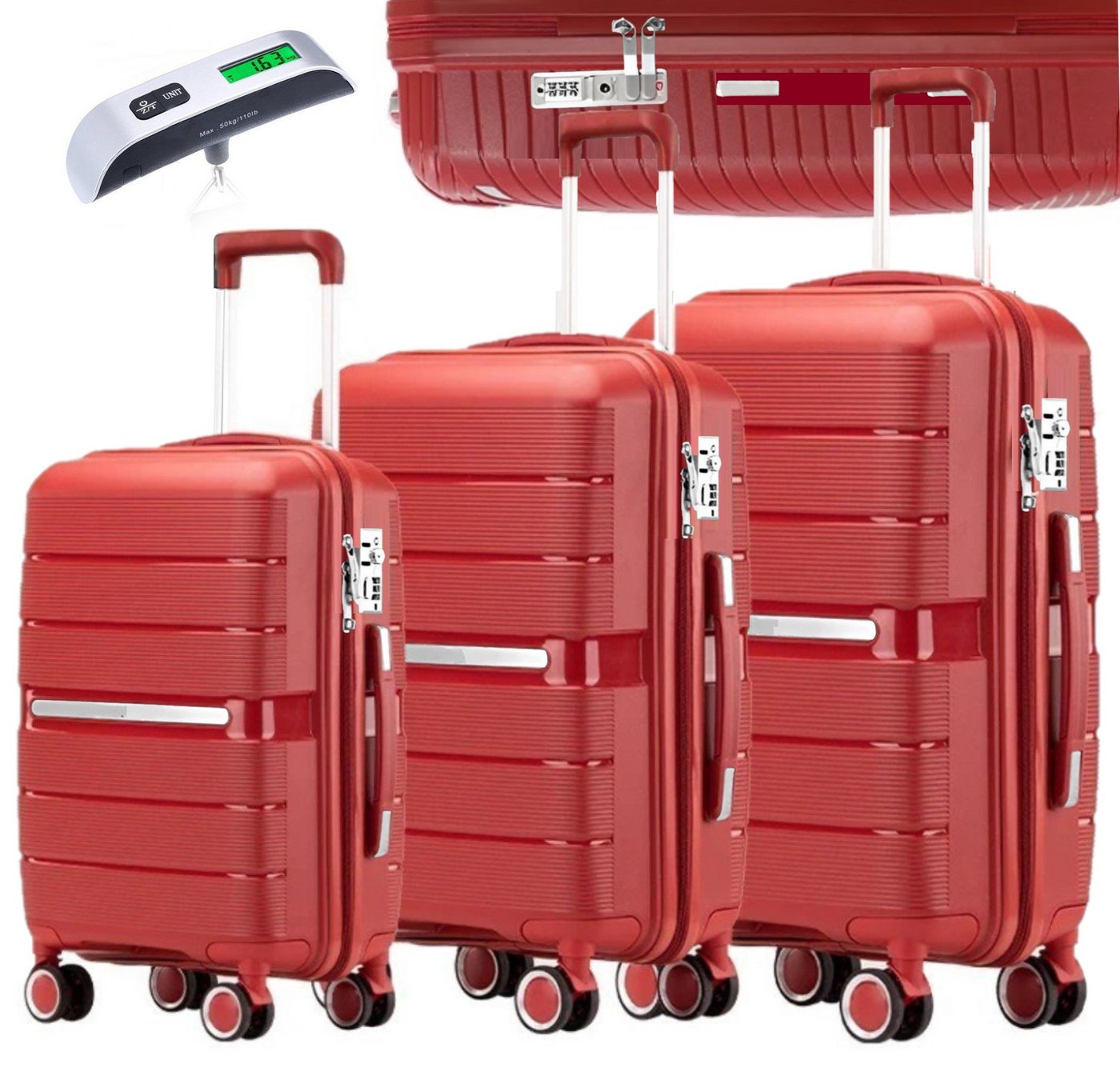 KESSMANN Kofferset 3 teilig Hartschalenkofferset M L XL Koffer + Digitale Kofferwaage, 4 Rollen, (Reisekofferset, 4 tlg., Schloss Teleskopgriff Gepäck Urlaub Zubehör Reise Hartschale Trolley), Reisetasche Kofferset groß mittel klein Handgepäck Gepäck Rollkoffer von KESSMANN