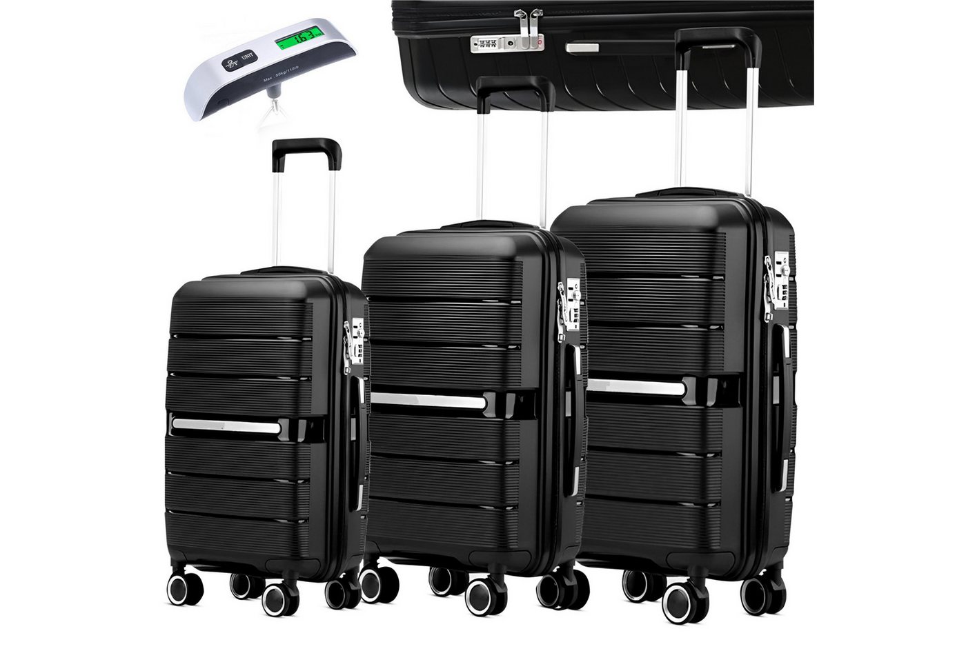 KESSMANN Kofferset 3 teilig Hartschalenkofferset M L XL Koffer + Digitale Kofferwaage, 4 Rollen, (Reisekofferset, 4 tlg., Schloss Teleskopgriff Gepäck Urlaub Zubehör Reise Hartschale Trolley), Reisetasche Kofferset groß mittel klein Handgepäck Gepäck Rollkoffer von KESSMANN