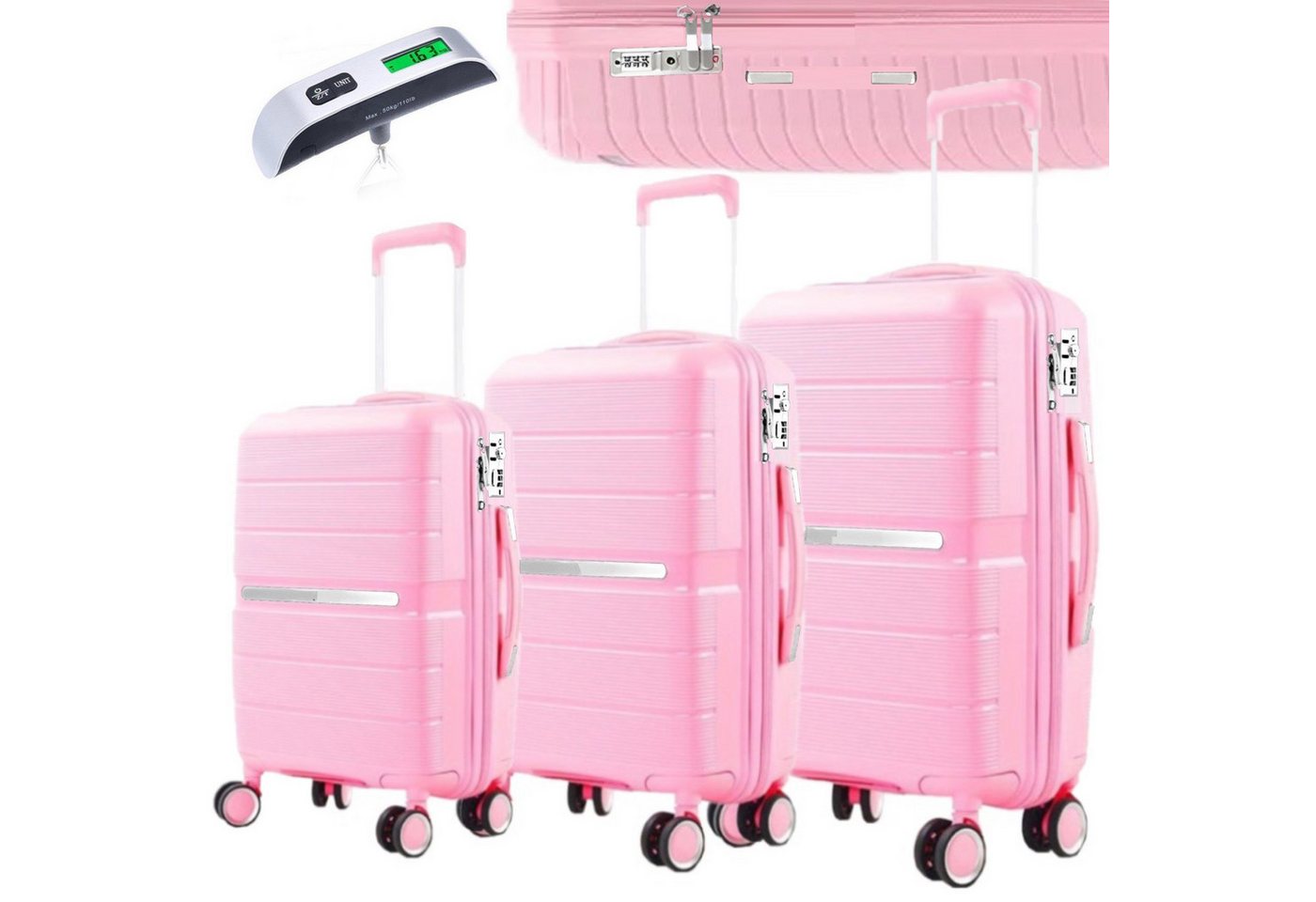 KESSMANN Kofferset 3 teilig Hartschalenkofferset M L XL Koffer + Digitale Kofferwaage, 4 Rollen, (Reisekofferset, 4 tlg., Schloss Teleskopgriff Gepäck Urlaub Zubehör Reise Hartschale Trolley), Reisetasche Kofferset groß mittel klein Handgepäck Gepäck Rollkoffer von KESSMANN