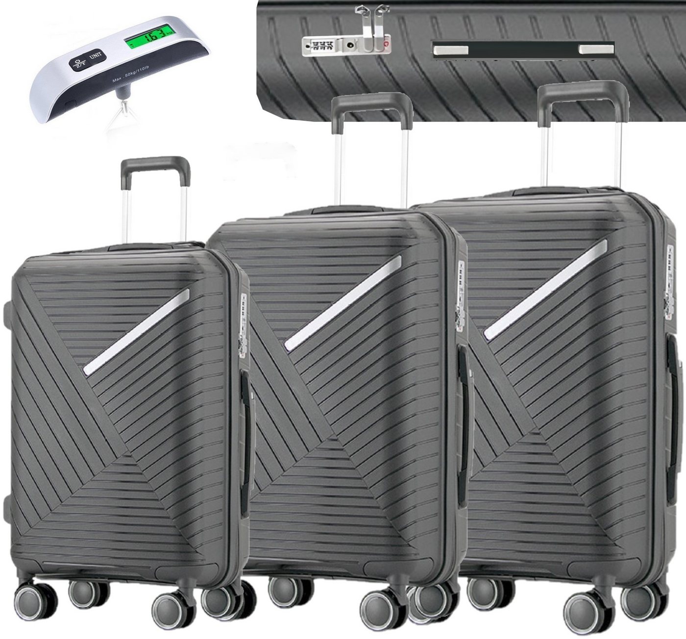 KESSMANN Kofferset 3 teilig Hartschalenkofferset M L XL Koffer + Digitale Kofferwaage, 4 Rollen, (Reisekofferset, 4 tlg., Schloss Teleskopgriff Gepäck Urlaub Zubehör Reise Hartschale Trolley), Reisetasche Kofferset groß mittel klein Handgepäck Gepäck Rollkoffer von KESSMANN