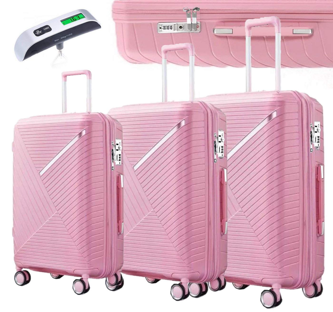 KESSMANN Kofferset 3 teilig Hartschalenkofferset M L XL Koffer + Digitale Kofferwaage, 4 Rollen, (Reisekofferset, 4 tlg., Schloss Teleskopgriff Gepäck Urlaub Zubehör Reise Hartschale Trolley), Reisetasche Kofferset groß mittel klein Handgepäck Gepäck Rollkoffer von KESSMANN