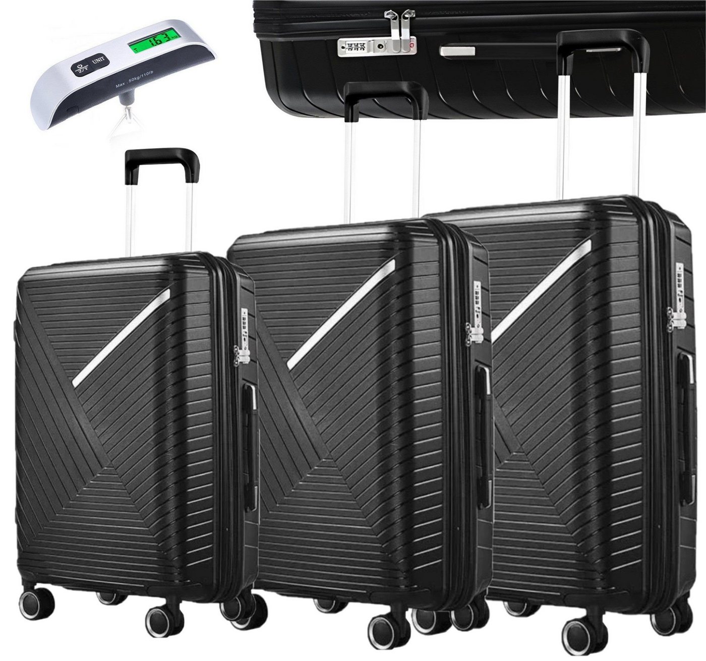 KESSMANN Kofferset 3 teilig Hartschalenkofferset M L XL Koffer + Digitale Kofferwaage, 4 Rollen, (Reisekofferset, 4 tlg., Schloss Teleskopgriff Gepäck Urlaub Zubehör Reise Hartschale Trolley), Reisetasche Kofferset groß mittel klein Handgepäck Gepäck Rollkoffer von KESSMANN