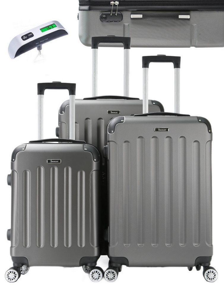 KESSMANN Kofferset 3 teilig Hartschalenkofferset M L XL Koffer + Digitale Kofferwaage, 4 Rollen, (Reisekofferset, 4 tlg., Schloss Teleskopgriff Gepäck Urlaub Zubehör Reise Hartschale Trolley), Reisetasche Kofferset groß mittel klein Handgepäck Gepäck Rollkoffer von KESSMANN