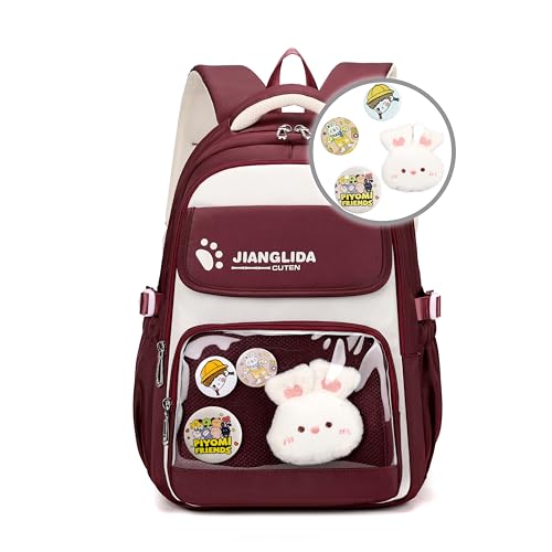 KESUDE Schulrucksack Mädchen Jungen Schultasche Teenager mit Brustgurt und Süßem Anhänger, Kinderrucksack Großer Schule Rucksack Damen Leichter Schulranzen School Bag für 1. - 5. Klasse 35L(Rot) von KESUDE