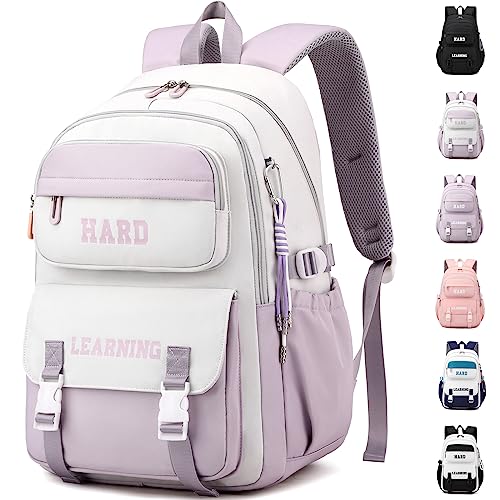 KESUDE Schulrucksack Mädchen Teenager, Groß Schul Rucksack Multi-Tasche Wasserdicht Schulranzen Rucksack Daypacks Backpack School bag Schultasche für Mädchen Damen, Weiß Lila von KESUDE