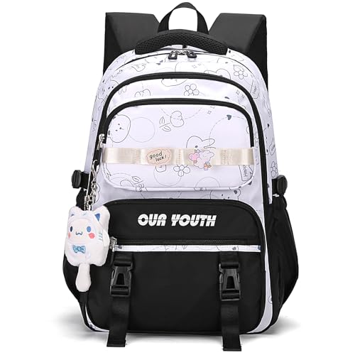 KESUDE Schulrucksack Schwarz Teenager Mädchen Jungen, Rucksack Schule Groß Schulranzen Jugendliche Schultasche Damen School Bag Wasserdicht Schulsachen Aesthetic Backpack High School Laptop Rucksäcke von KESUDE