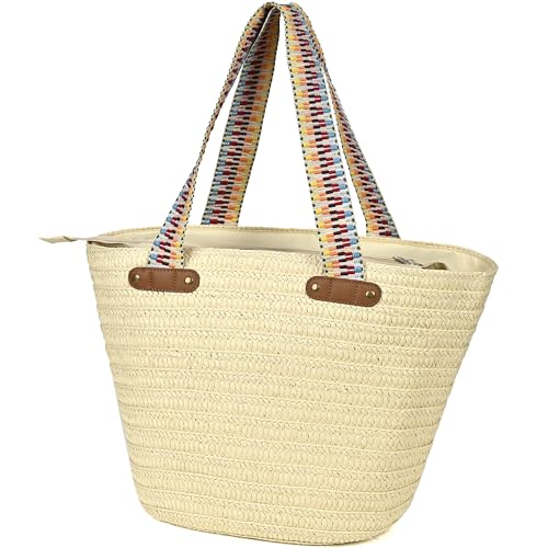 KESUDE Strohtaschen Damen Korbtasche Handtasche Strandtasche mit reißverschluss Stroh Sommer Taschen Damen Straw Bag Schultertaschen Shopper Umhängetasche für Urlaub Reisen Strand (Beige) von KESUDE