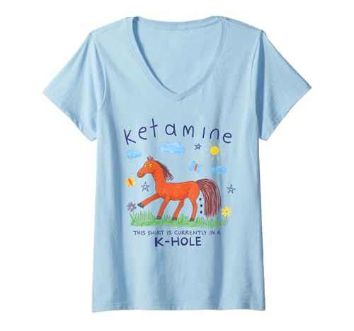 Damen KETA - Mine. EXZESSIVER KETAMINKONSUM Lustig Pferd Zeichnung T-Shirt mit V-Ausschnitt Damen KETA - Mine. EXZESSIVER KETAMINKONSUM Lustig Pferd Zeichnung T-Shirt mit V-Ausschnitt von KETA - MINE X K-HOLE - Lustige Pferde Zeichnung