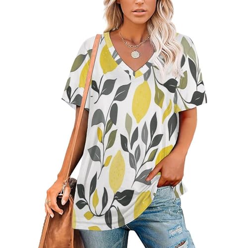 Damen-Sommer-T-Shirt, V-Ausschnitt, Kurzärmelig, Tunika-Oberteil Zitrone Damen Tops V-Ausschnitt T-Shirt Blattdruck Sommer Freizeit Kurzen Weiß M von KETAFOUND