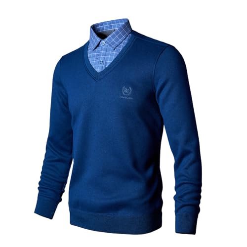 KETAFOUND Herren-Pullover Mit Hemdkragen – Warmer, Mit Fleece Gefütterter, Zweiteiliger, Marineblauer Pullover, Business-Casual-Herbst-Winter-Dicker, Warmer Pullover, Gestricktes Hemd, W von KETAFOUND