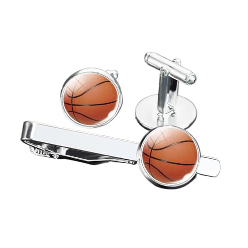 KETAFOUND Klassisches Set Mit Manschettenknöpfen Und Krawattenklammern Für Herren – Modisches Set Mit Krawattennadel Und Manschettenknöpfen Mit Basketball-Muster, Personalisiertes Schm von KETAFOUND