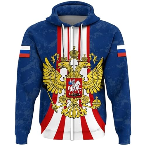 KETAFOUND Unisex-Winter-Kapuzenpullover – 3D-Druck Mit Russland-Flagge, Durchgehender Reißverschluss, Kapuzenpullover, Warmer Mantel Mit Taschen, Muster Mit Nationalemblem, Große Größ von KETAFOUND