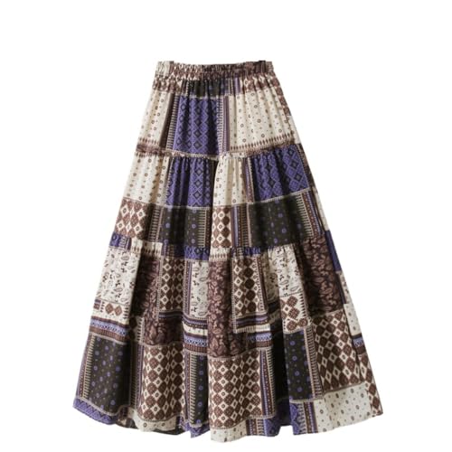 Langer Hippie-Bohemian-Rock Für Damen - Retro-Patchwork-Maxirock Mit A-Linie Und Elastischem Bund, Eleganter Maxi-Faltenrock Im Retro-Ethno-Stil, Mit Rüschen, Beige, M von KETAFOUND