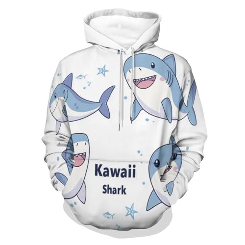 Unisex Hoodie Herren Damen Kapuzenpullover, Kawaii-Hai Lockere Passform Maschinenwaschbar Kein Einlaufen Mit Taschen,Weiß Langarm Drawstring Sweatshirt Cartoon-Tiere 4XL von KETAFOUND