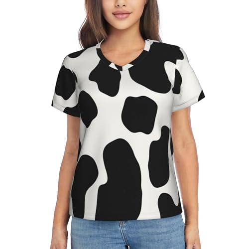 Weiß T-Shirts Damen Kuhflecken V-Ausschnitt Top Kurzarm V-Ausschnitt T-Shirt Leicht Und Atmungsaktiv Geeignet Für Arbeit, Alltag, Laufen Cartoon-Mode Damen Sommer T-Shirt S von KETAFOUND
