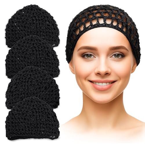 4 Stück schwarze Haarnetze zum Schlafen – 14 x 17,8 cm weiche, leichte Viskose-Haarnetze für Frauen zum Schlafen – dehnbar, atmungsaktiv und bequem für längeres Tragen, handgefertigt, Größe kann um von KETAR