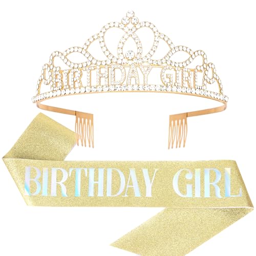KEUKORZ Geburtstagskrone Schärpe, BIRTHDAY GIRL Gold Geburtstag Kristall Tiara Krone Schärpe Geburtstagsschärpe mit Birthday Queen, Frauen Party Accessoires für Birthday Crown Prinzessin Haar-Zusätze von KEUKORZ