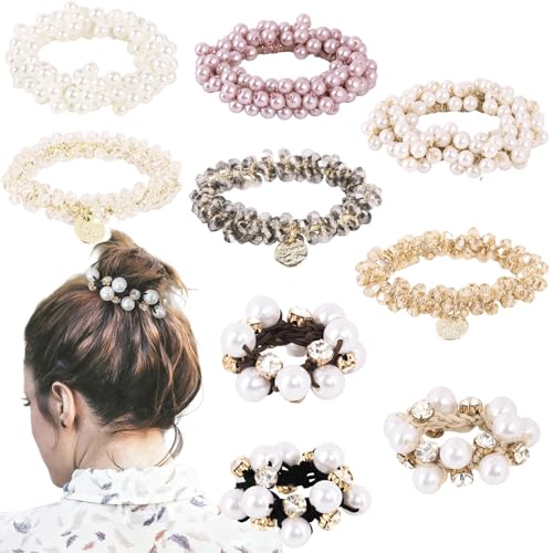 KEUKORZ 9 Stück Perlen-Haargummis, Strass, Pferdeschwanz-Halter, Perlen Scrunchies, Elastische Haarbänder, Haarschmuck für Damen und Mädchen von KEUKORZ