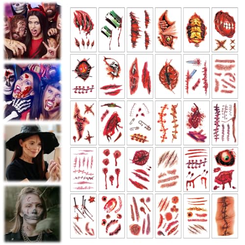 30 Blatt Temporäre Tattoos, Realistisch Wunden Tattoo, Halloween Karneval Tattoo Gesicht, Gesichtstattoo, Zombie Scars Tattoos Aufkleber, karneval Halloween Kostüm Kinder Damen Herren Make Up Zubehör 30 Blatt Temporäre Tattoos, Realistisch Wunden Tattoo, Halloween Karneval Tattoo Gesicht, Gesichtstattoo, Zombie Scars Tattoos Aufkleber, karneval Halloween Kostüm Kinder Damen Herren Make Up Zubehör von KEWUF
