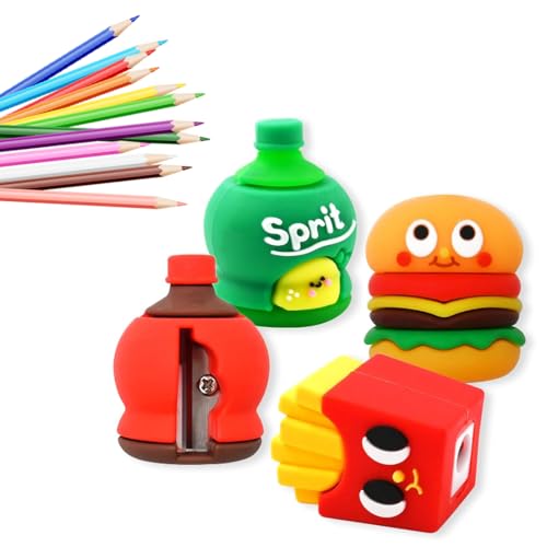 4 Stück Niedlicher Spitzer, Studenten Bleistiftspitzer, Anspitzer, Lustige Schreibwaren, Schmücken, PVC-Weichfilm-Bleistiftspitzer, Kindergeschenk, Burger, Pommes, Cola, Sprite. von KEWUF