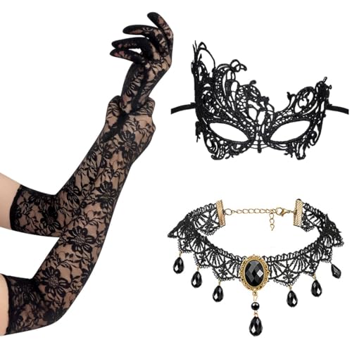 Halloween Kostüm Damen, 3 Stück Halloween Steampunk Kostüm Damen Accessoires, Gothic Handschuhe+Spitzenmaske+Gotisch Choker Halskette, Vampir Kostüm Damen, für Halloween Karneval Maskerade Halloween Kostüm Damen, 3 Stück Halloween Steampunk Kostüm Damen Accessoires, Gothic Handschuhe+Spitzenmaske+Gotisch Choker Halskette, Vampir Kostüm Damen, für Halloween Karneval Maskerade von KEWUF