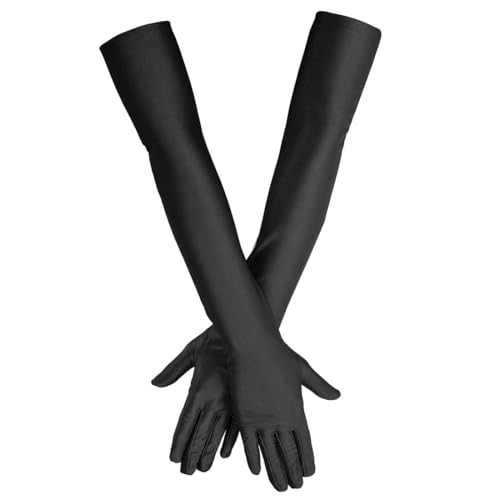 Handschuhe Lang, 1 Paar Schwarze Handschuhe Kostüm, Handschuhe Schwarz Lang Damen, Satin Classic Abendhandschuhe, 1920er Jahre Opernhandschuhe für Damen, Party Halloween Karneval Kostüm von KEWUF