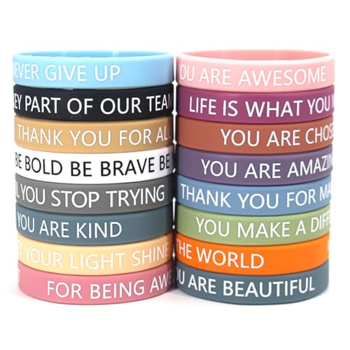 KEWUF 16 Stück Motivationsarmbänder Kinder auf 20cm Silikonarmband, Motivationsarmbänder Kinder, Kinder Motivationsarmbänder Silikon Armbänder mit Positiven Sprüchen, Geschenk für Einschulung von KEWUF