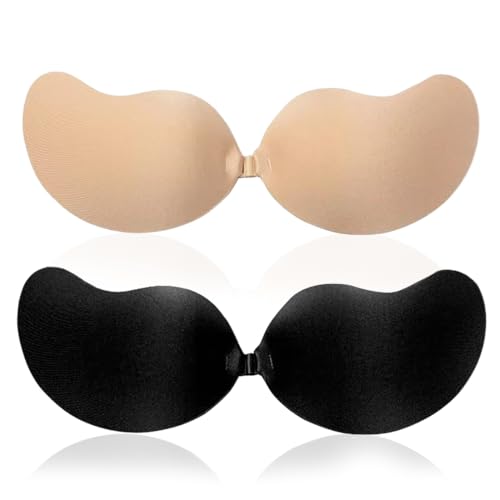 KEWUF 2 Paar Klebe BH Push up Rückenfrei Trägerlos BH ohne träger Klebe-BHS Klebe BH Push-Up, Wiederverwendbare Unsichtbar Haut Freundlich Sticky Strapless Bra - D cup von KEWUF