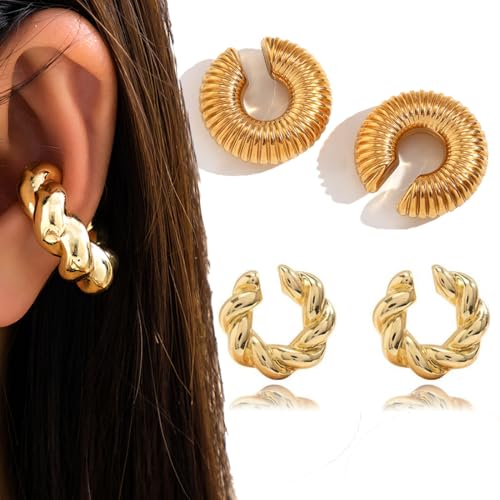 KEWUF 2 Pcs Ear Cuff für Damen, Fake Helix Knorpel Ohrringe Fake Piercing Ohrmanschette Ohrringe Gold Clip Ohrklemme Funkelnde RundeHuggie Ohrringe Ohne Ohrloch von KEWUF