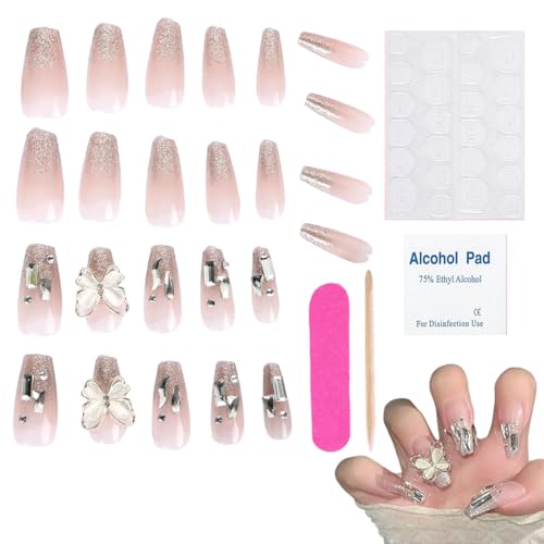 KEWUF 24 Stück Press on Nails, Schmetterling Silber Diamant Patch-Nagel, Mittelgroße Mandel French Tip Falschnägel, Press on Nails French, Mit Wear Kit, Leicht zu Tragen Press on Nails mit Charms von KEWUF