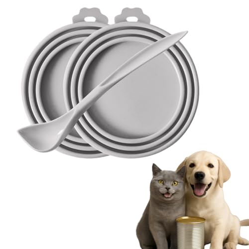 KEWUF 3 Stück Tierfutter-Dosendeckel Inklusive Löffel für Haustier Futteraufbewahrung Universal-Silikon-Dosendeckel für Dosenfutter für Hunde und Katzen - Grau von KEWUF