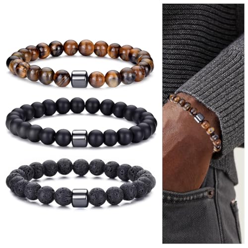 KEWUF 3 Stücke Männer Perlenarmband, elastische Herren Perlenarmband Naturstein Armband, Tigerauge Armband Lavastein Armbänder, Männer Schmuck Armband Geschenk KEWUF 3 Stücke Männer Perlenarmband, elastische Herren Perlenarmband Naturstein Armband, Tigerauge Armband Lavastein Armbänder, Männer Schmuck Armband Geschenk von KEWUF