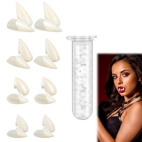 KEWUF 4 Pairs Vampir Zähne Kit 4 Größen Vampirzähne vampir Halloween Cosplay Vampir Fangs Gefälschte mit 1 Rohr Zähne Pellets Klebstoff für Party Cosplay, Halloween Demon Witch von KEWUF