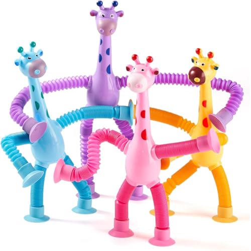 KEWUF 4 Pcs Teleskop Saugnapf Giraffe Spielzeug Roboter Pop Röhren Sensorik Spielzeug Giraffen-Spielzeug Roboter Pop Tubes Lustiges Pädagogisches Stressabbau-Spielzeug, beschäftigung autofahrt kinder von KEWUF