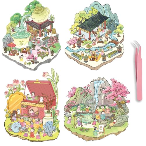 KEWUF 4 Sets 3D House Stickers, Miniatur Haus Sticker 3D, 3D Sticker Scene, Haus Aufkleber Machen Sie Ihren Eigenen, Relief Stress für Erwachsene und Kinder mit 1 Pinzetten(C) von KEWUF