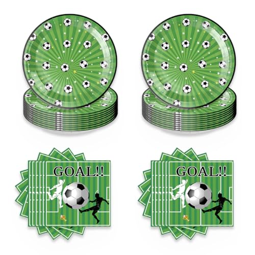 KEWUF 40 Pcs Fußball Party Dekorationen Partygeschirr Set Fussball Deko Geburtstag Kinder Fussball Partygeschirr 20 Pappteller, 20 Servietten für 20 Gäste, Mädchen Junge Mottoparty Grün(A) von KEWUF